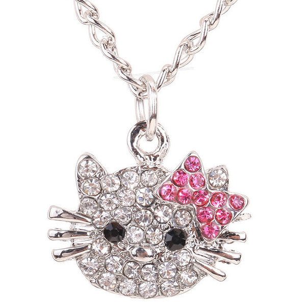 Hello Kitty necklace Crystal Cat Rhinestone Bowknot For Girls